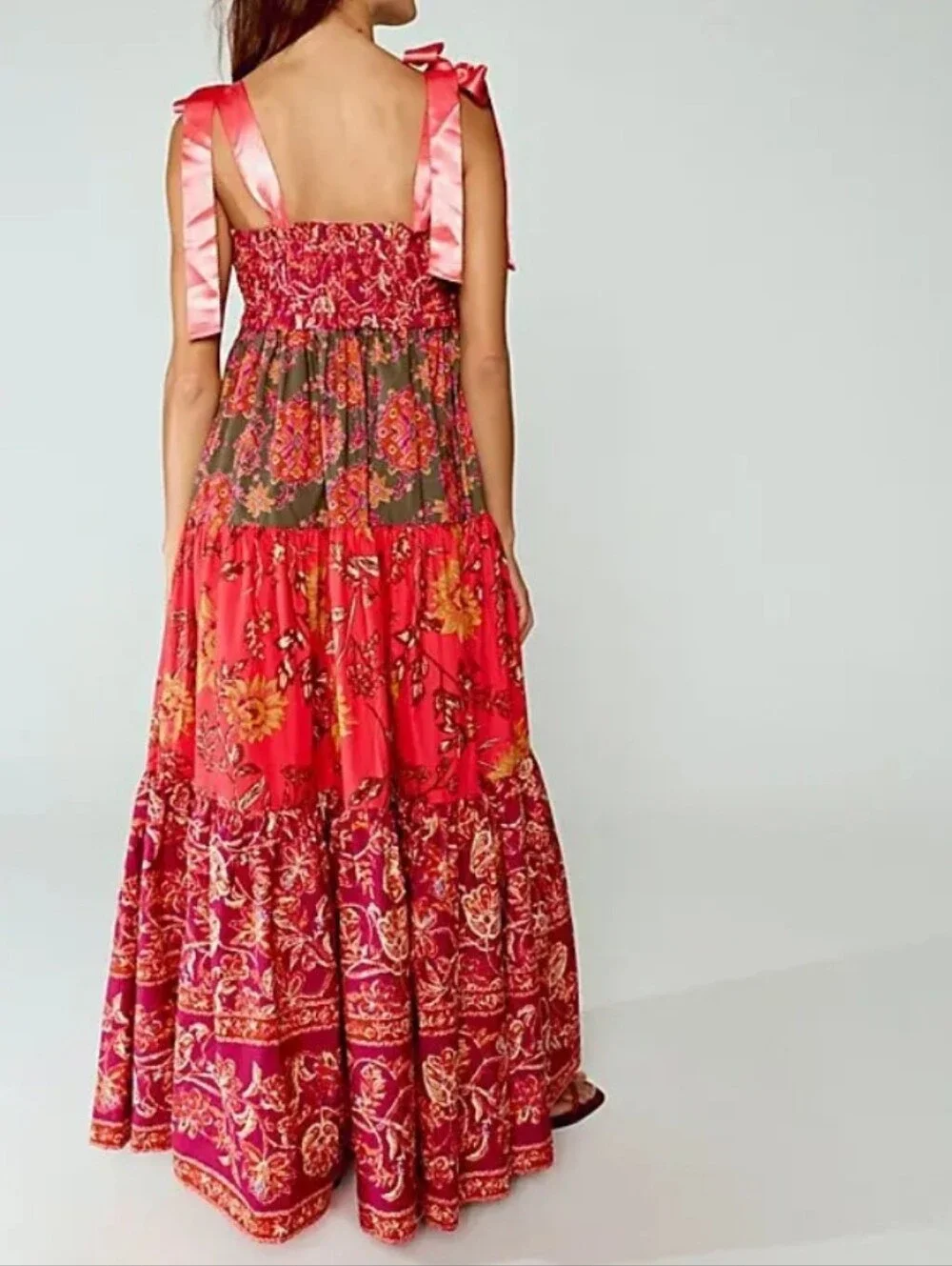 Free People Bluebell Magenta Floral Ribbon Tie Smocked Tiered Boho Maxi Dress